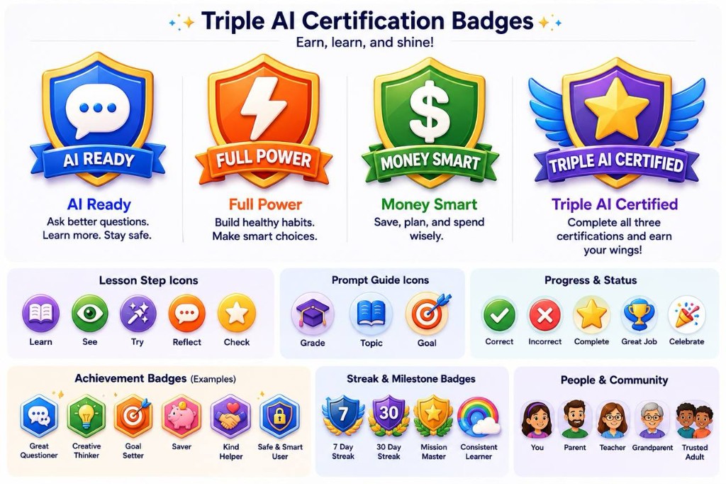 Triple AI Certification badges: AI Ready, Full Power, Money Smart, Triple AI Certified, plus lesson step icons and achievements