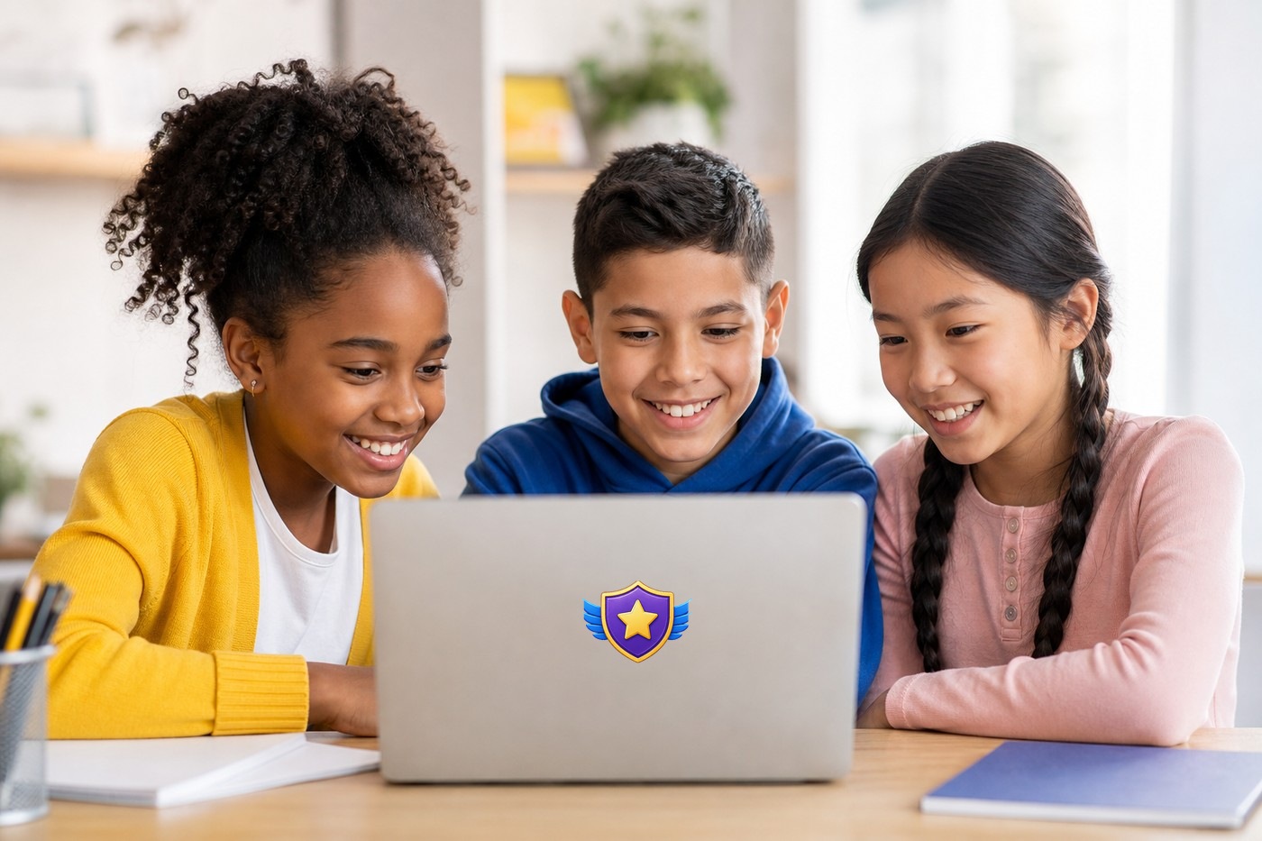 Three students smiling together while learning at a laptop